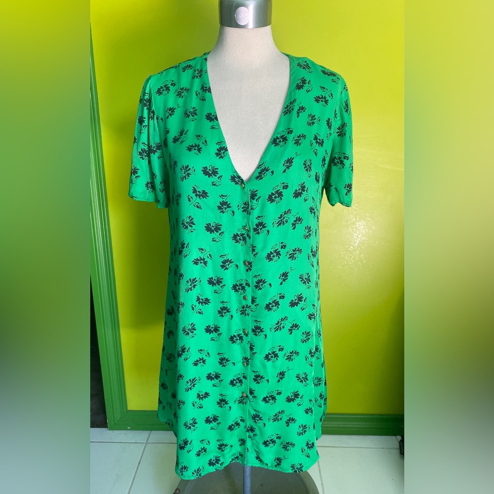 Zara Green Floral Rayon Mini Dress XL